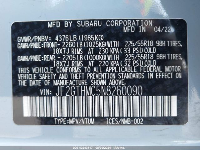 Photo 8 VIN: JF2GTHMC5N8260090 - SUBARU CROSSTREK 