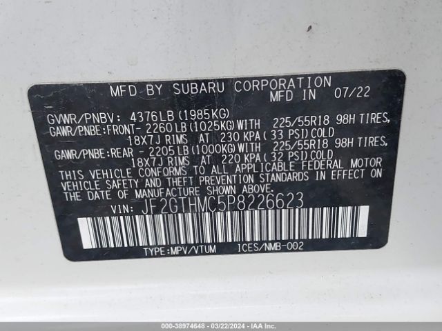 Photo 8 VIN: JF2GTHMC5P8226623 - SUBARU CROSSTREK 