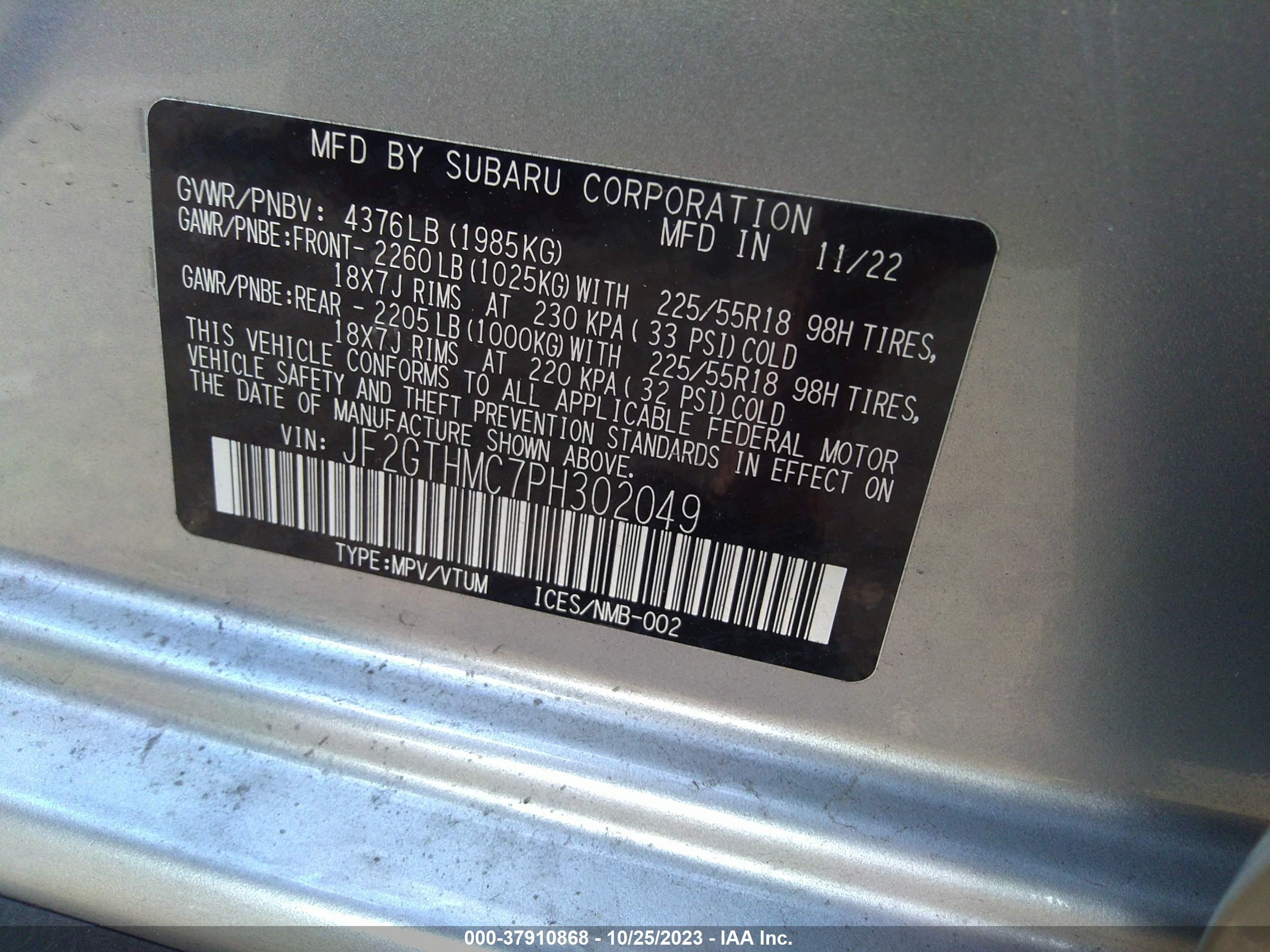 Photo 8 VIN: JF2GTHMC7PH302049 - SUBARU CROSSTREK 