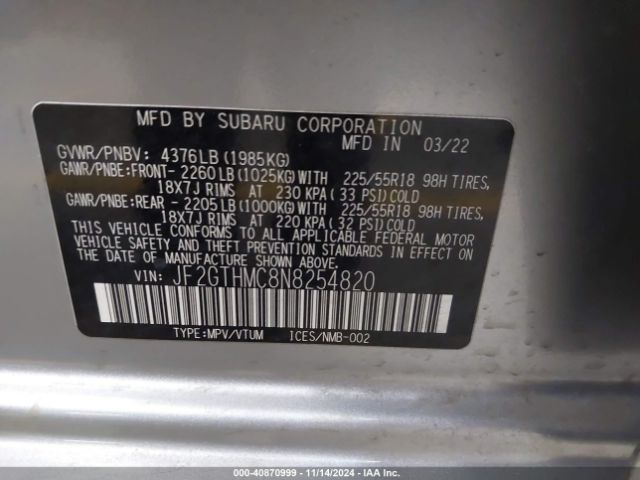 Photo 8 VIN: JF2GTHMC8N8254820 - SUBARU CROSSTREK 