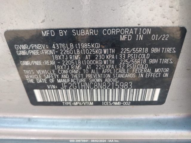 Photo 8 VIN: JF2GTHNC8N8215983 - SUBARU CROSSTREK 