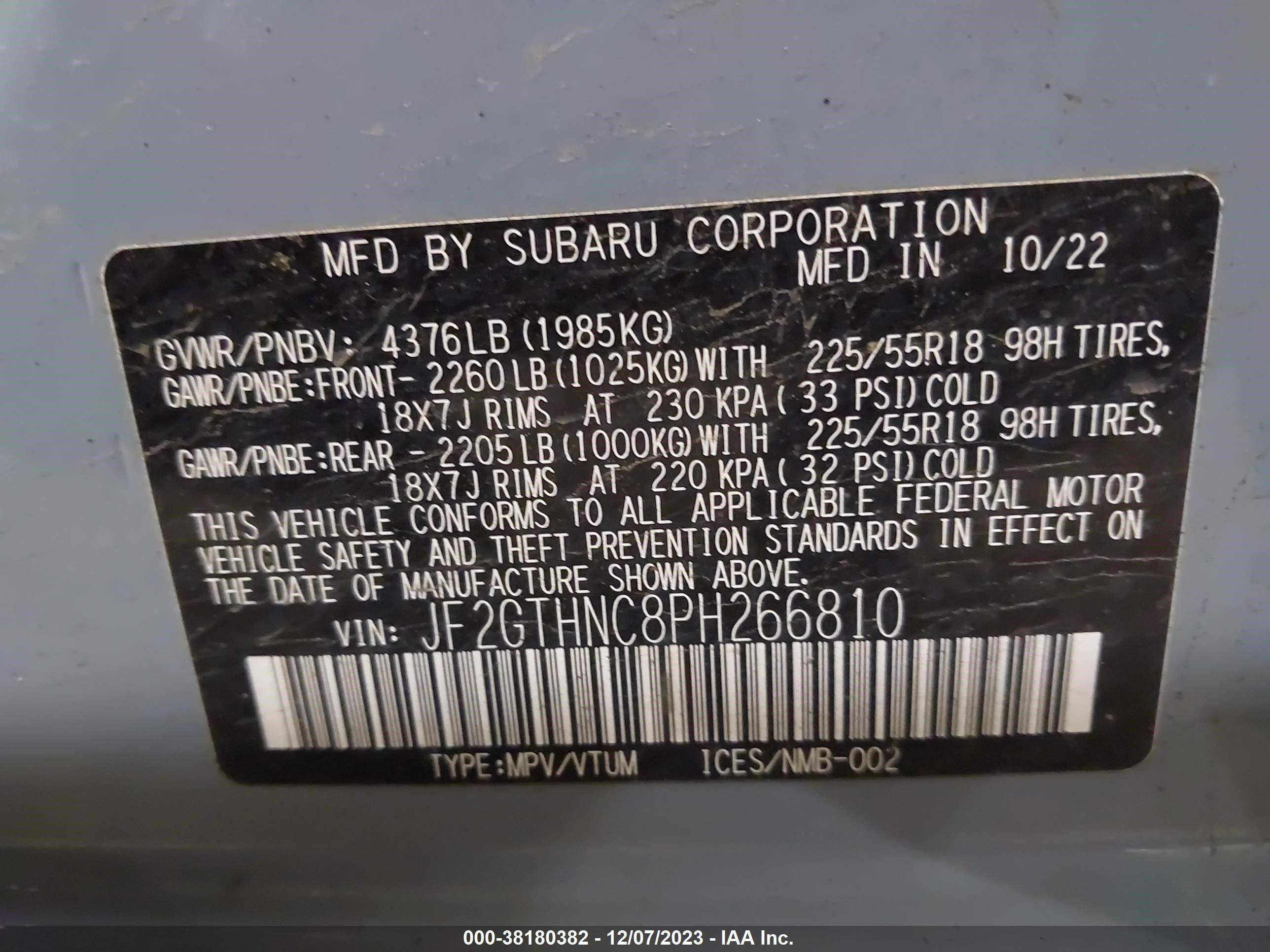 Photo 8 VIN: JF2GTHNC8PH266810 - SUBARU CROSSTREK 