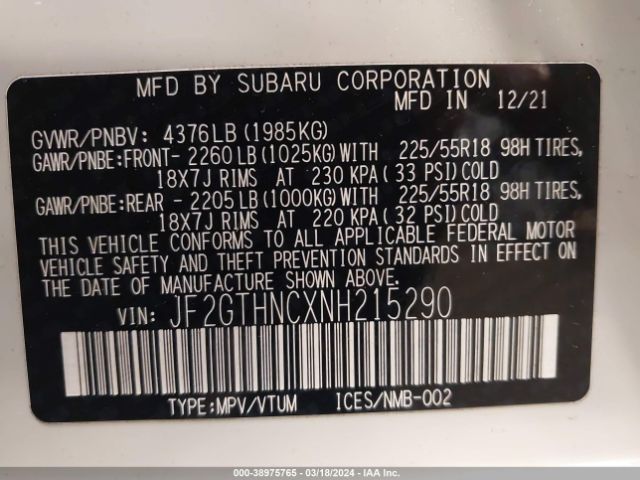 Photo 8 VIN: JF2GTHNCXNH215290 - SUBARU CROSSTREK 