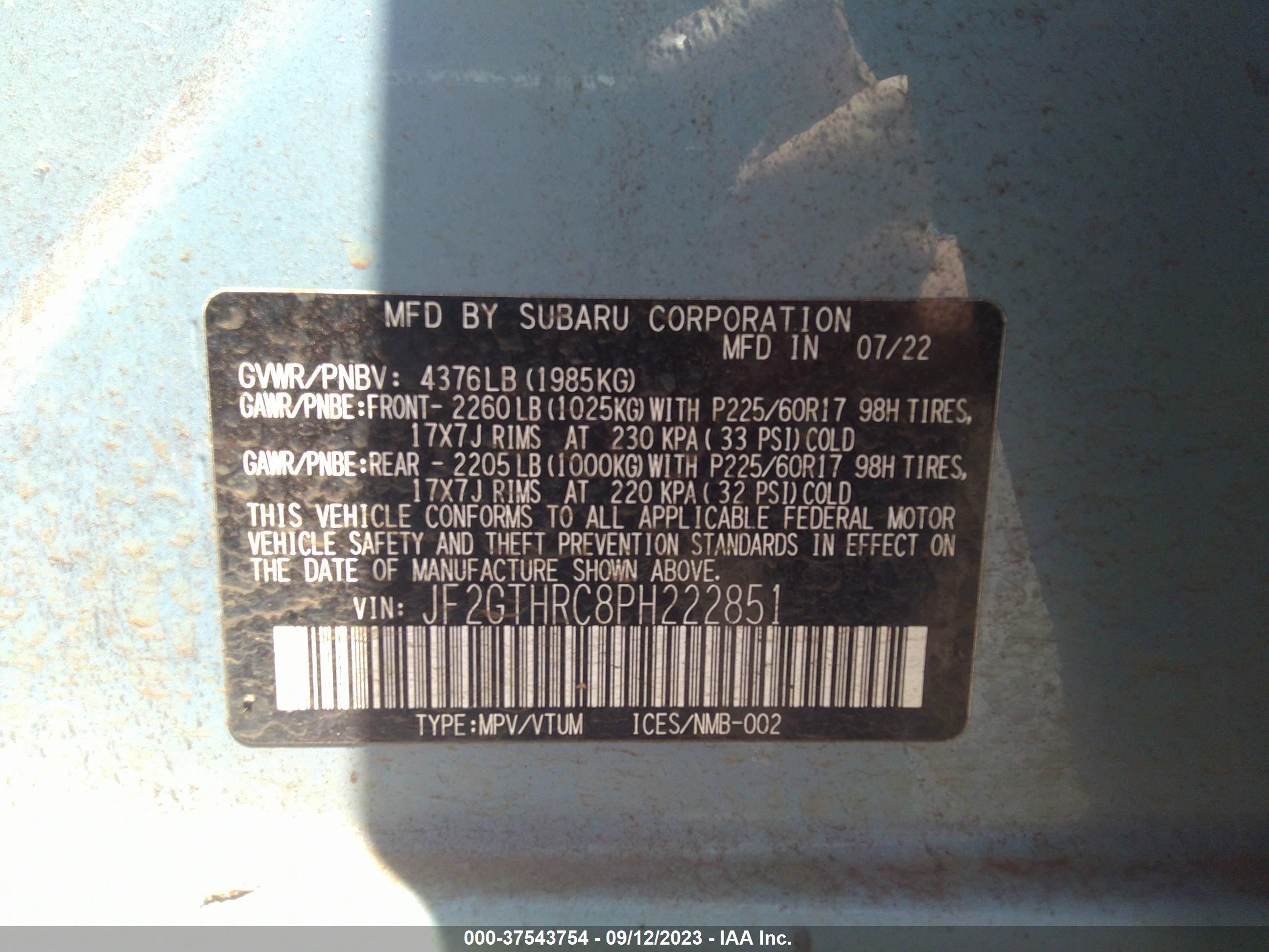 Photo 8 VIN: JF2GTHRC8PH222851 - SUBARU CROSSTREK 