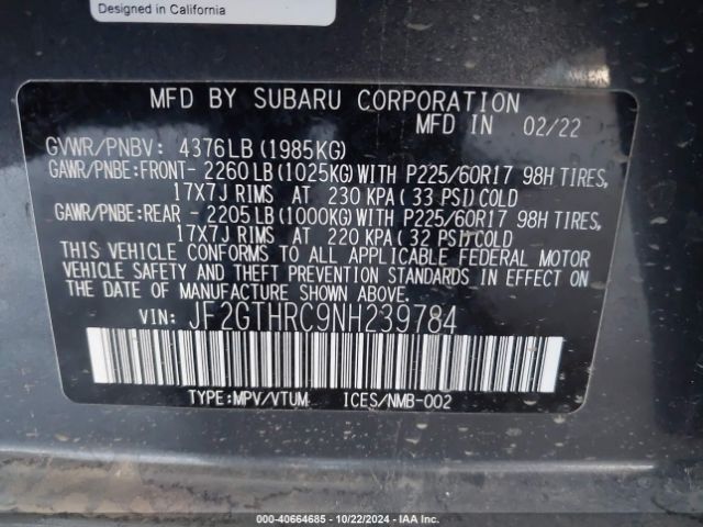 Photo 8 VIN: JF2GTHRC9NH239784 - SUBARU CROSSTREK 