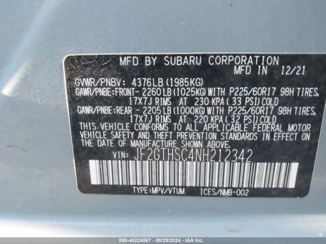 Photo 8 VIN: JF2GTHSC4NH212342 - SUBARU CROSSTREK 