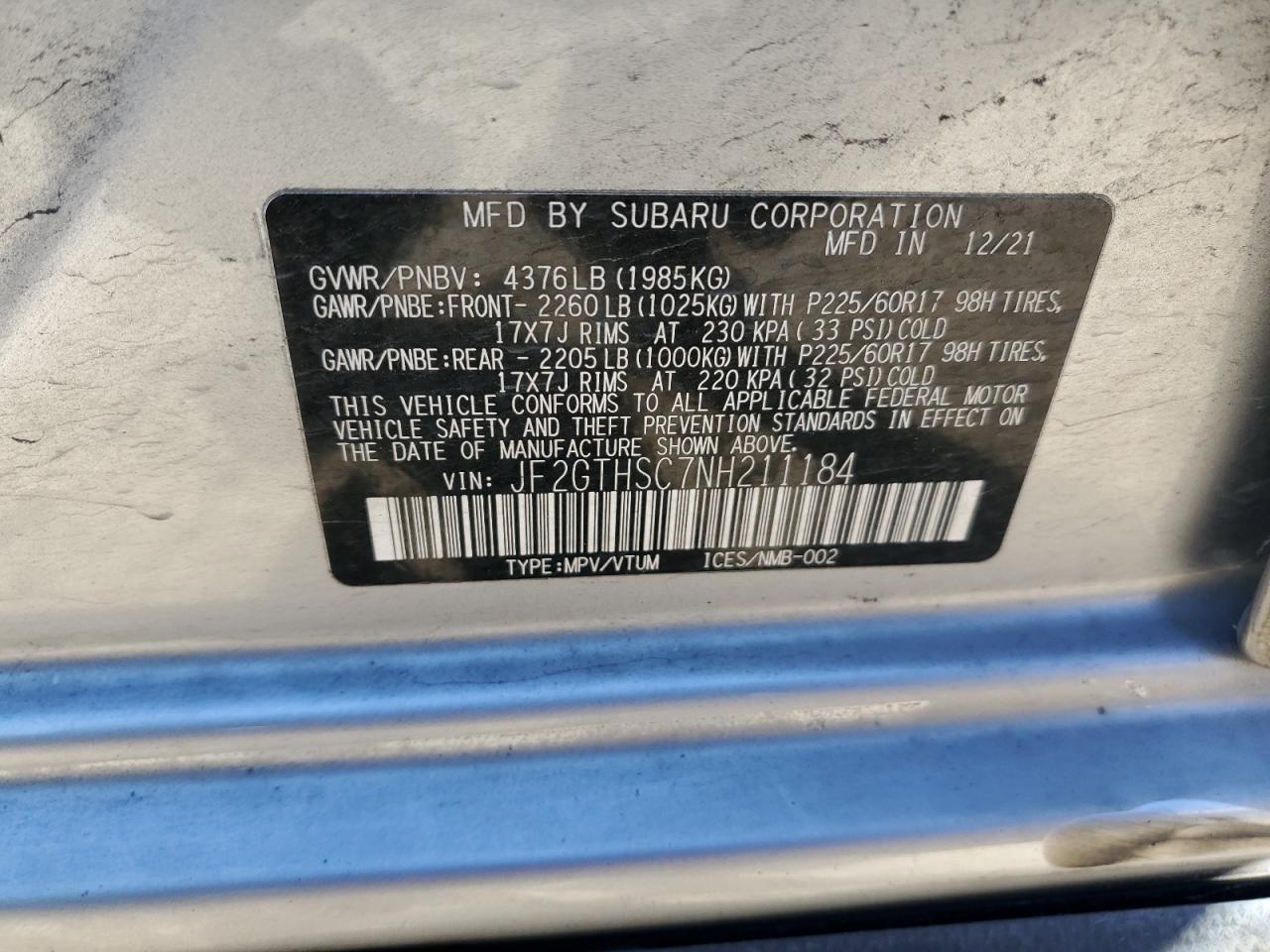 Photo 11 VIN: JF2GTHSC7NH211184 - SUBARU CROSSTREK 