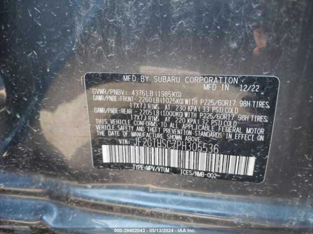 Photo 8 VIN: JF2GTHSC7PH305536 - SUBARU CROSSTREK 