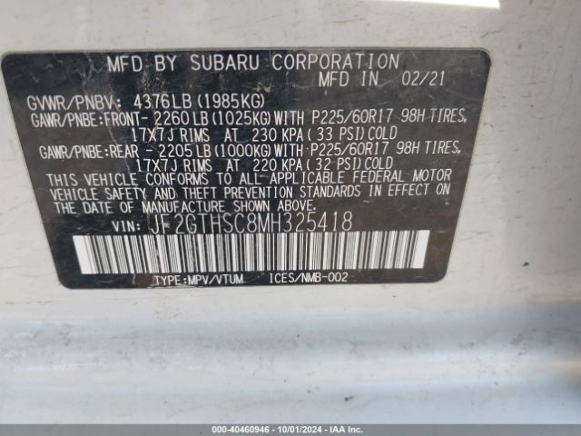 Photo 8 VIN: JF2GTHSC8MH325418 - SUBARU CROSSTREK 