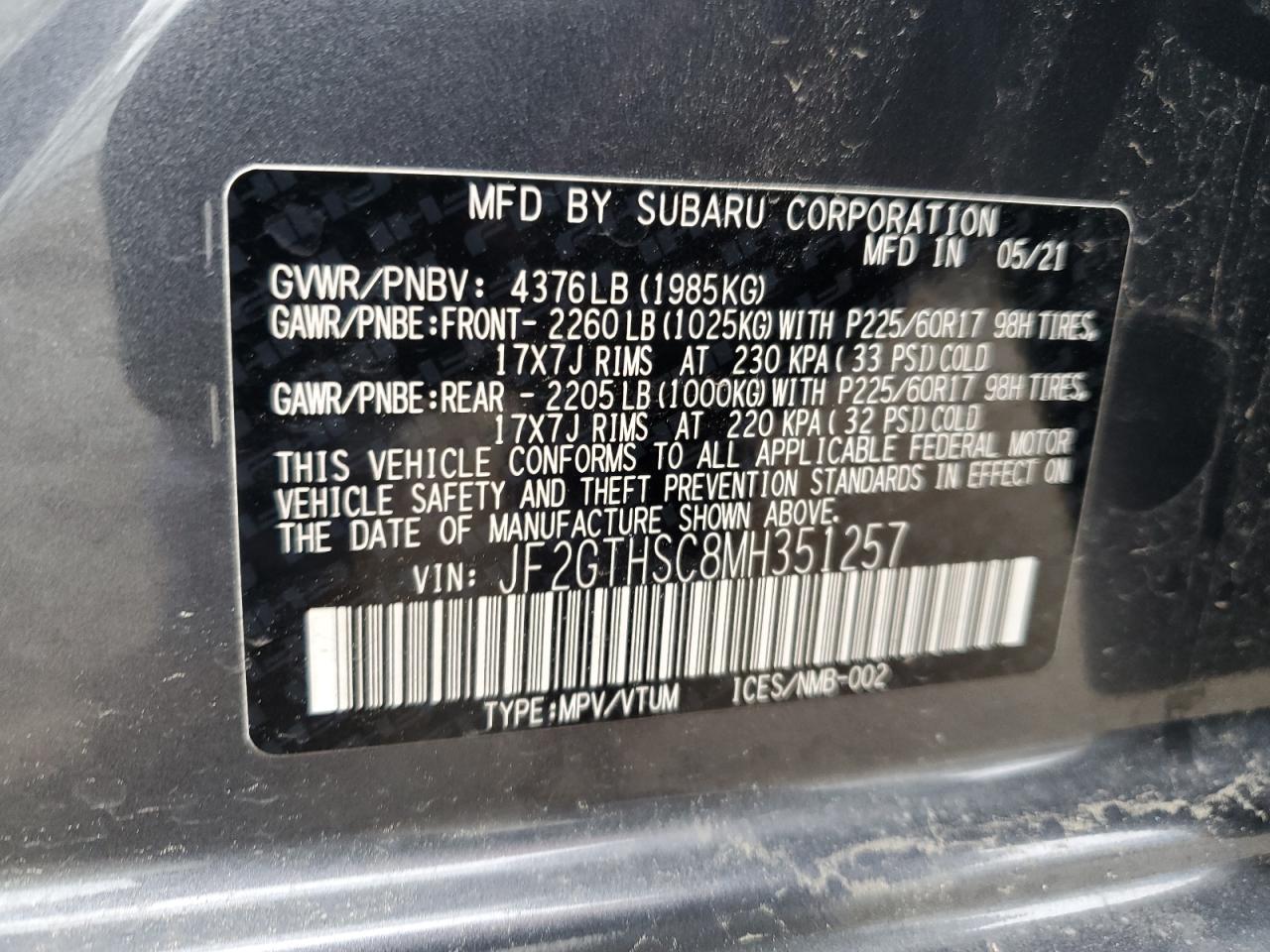 Photo 11 VIN: JF2GTHSC8MH351257 - SUBARU CROSSTREK 