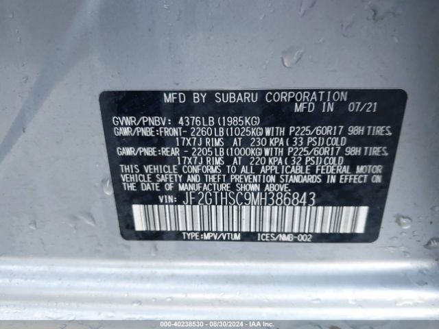 Photo 8 VIN: JF2GTHSC9MH386843 - SUBARU CROSSTREK 