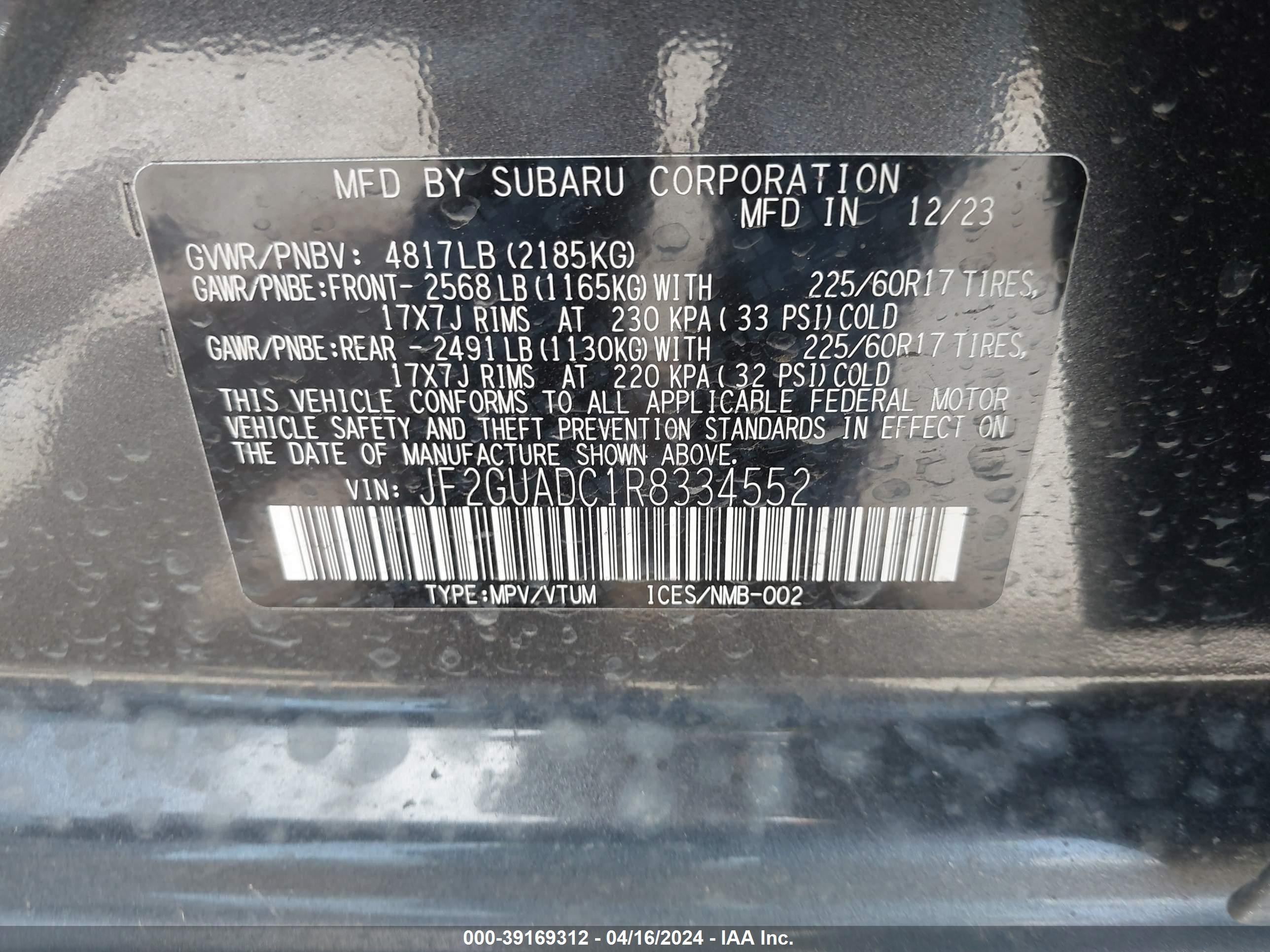 Photo 8 VIN: JF2GUADC1R8334552 - SUBARU CROSSTREK 