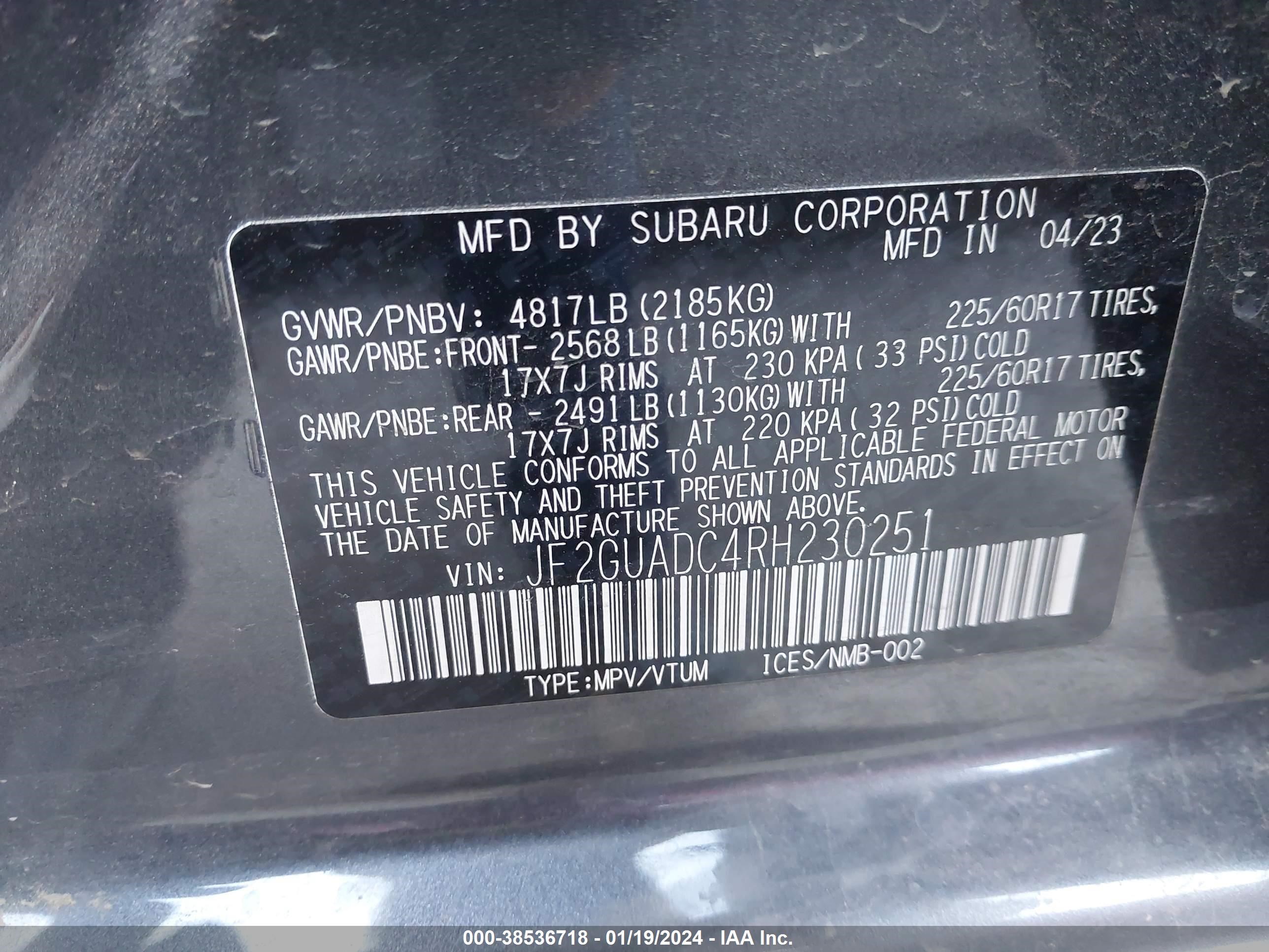 Photo 8 VIN: JF2GUADC4RH230251 - SUBARU CROSSTREK 