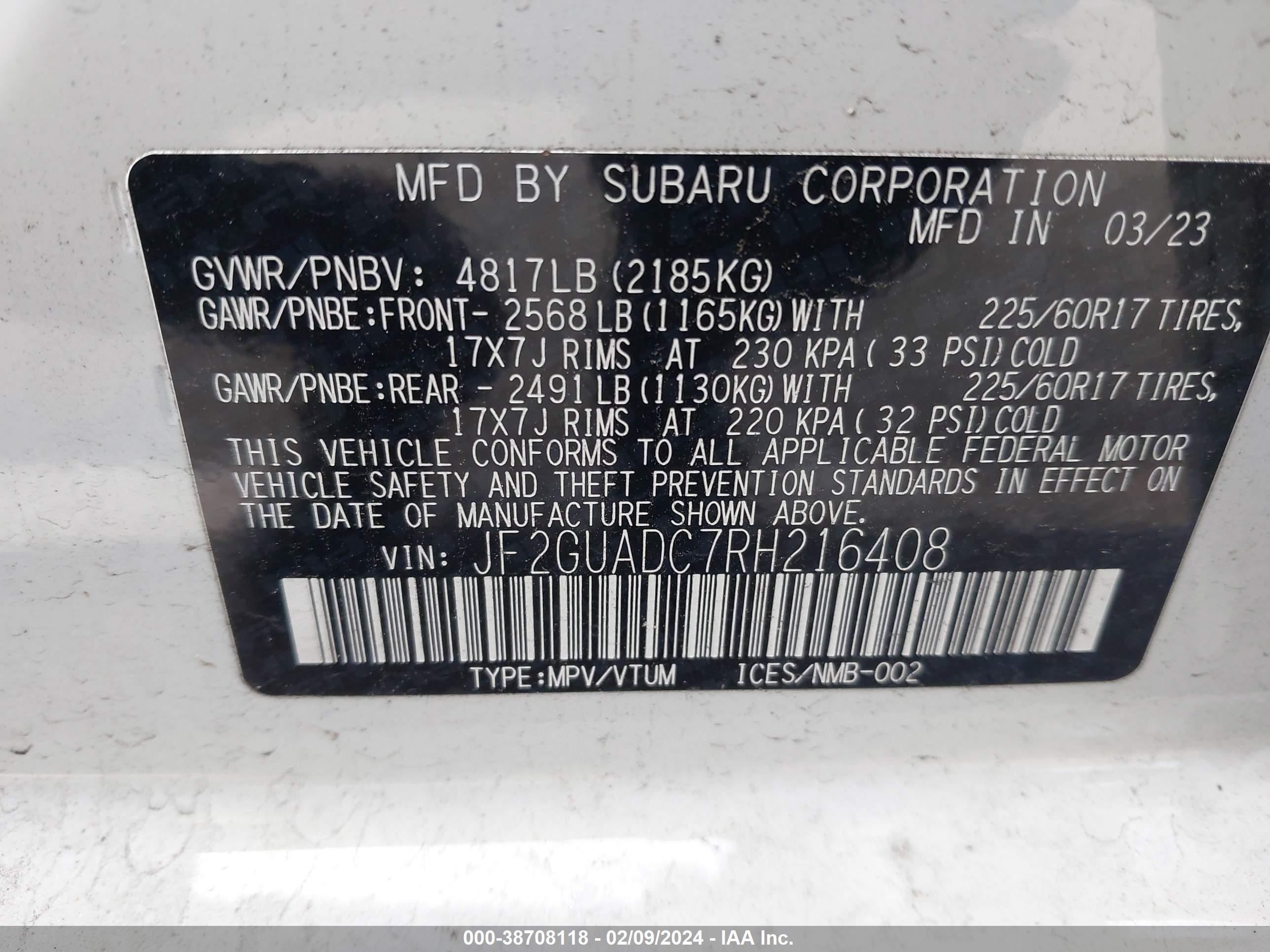 Photo 8 VIN: JF2GUADC7RH216408 - SUBARU CROSSTREK 