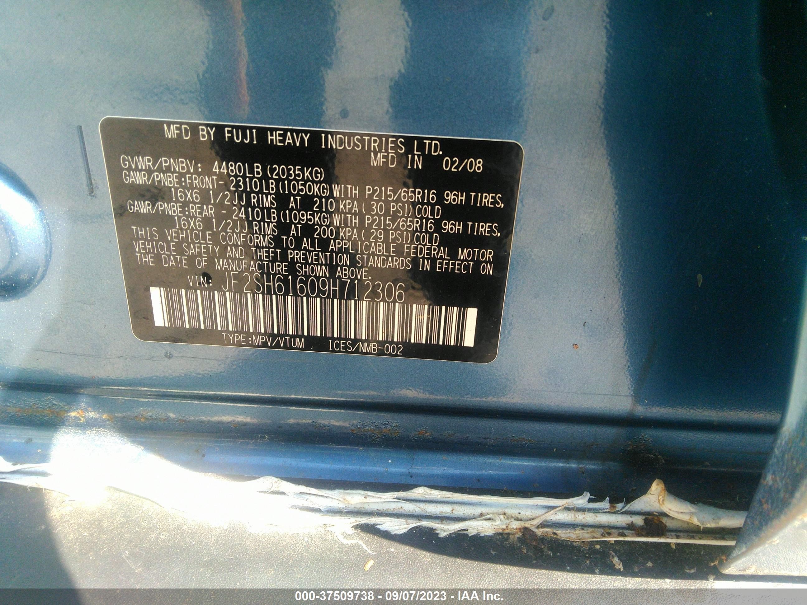 Photo 8 VIN: JF2SH61609H712306 - SUBARU FORESTER 