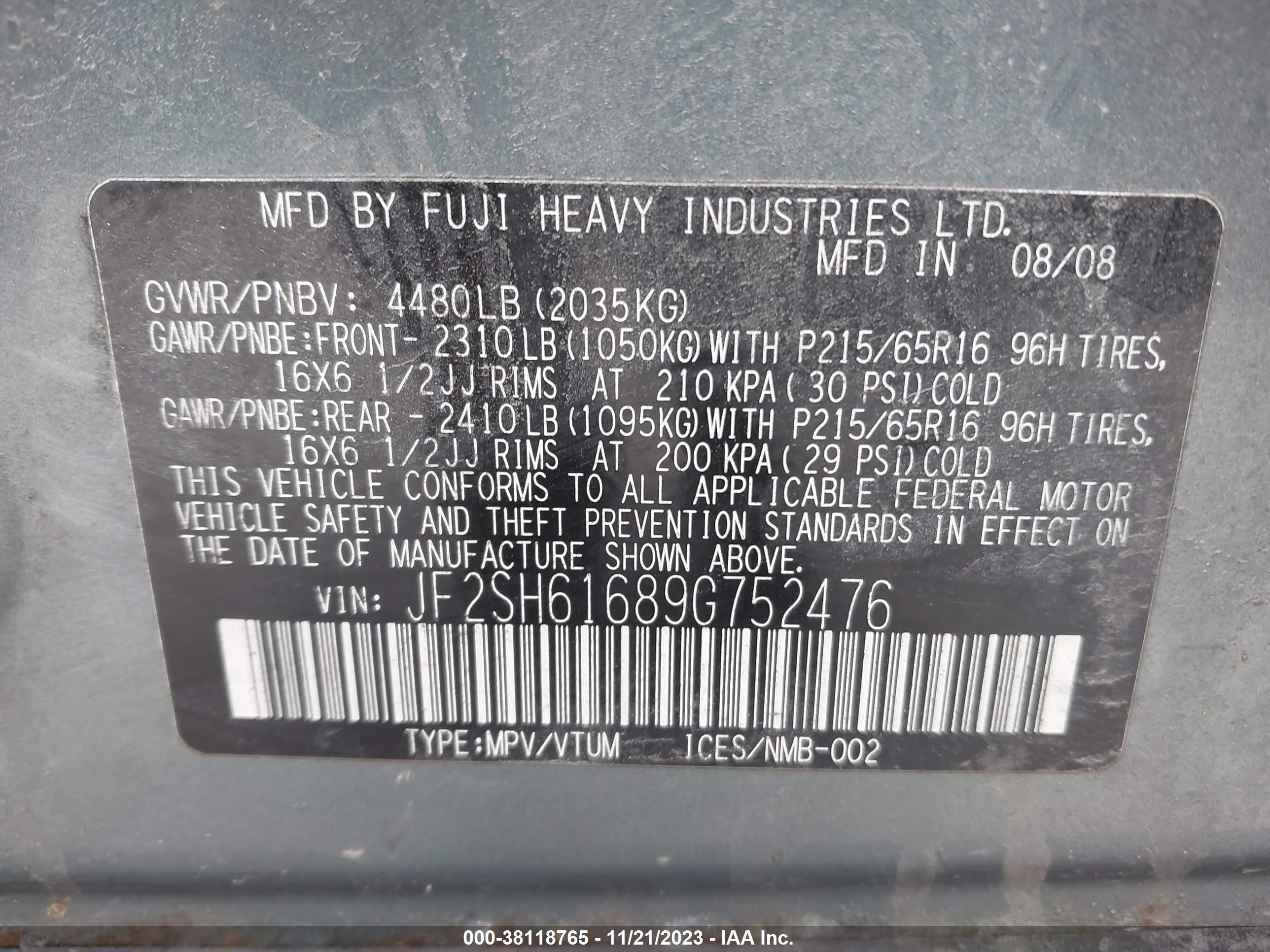 Photo 8 VIN: JF2SH61689G752476 - SUBARU FORESTER 