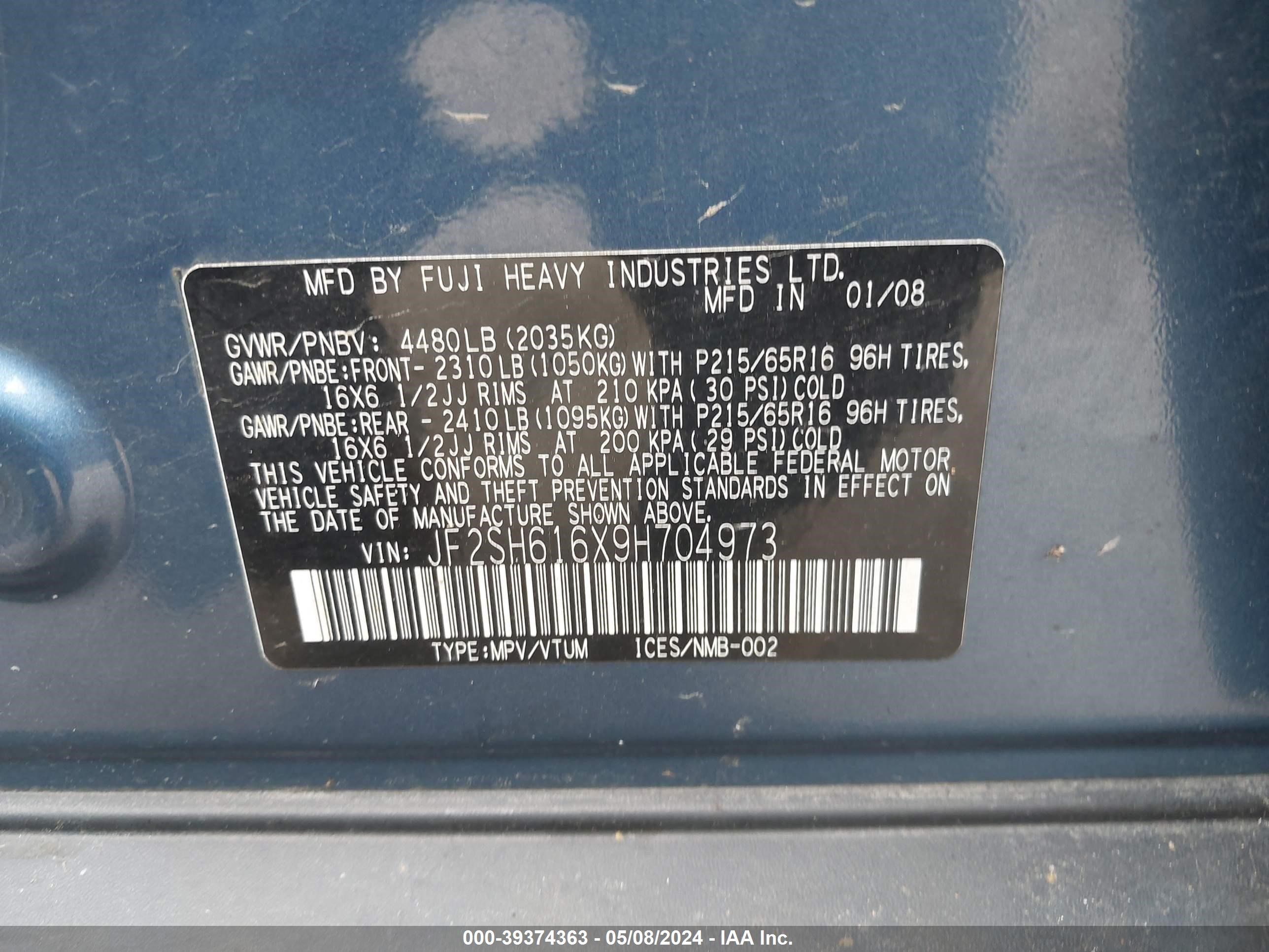 Photo 8 VIN: JF2SH616X9H704973 - SUBARU FORESTER 