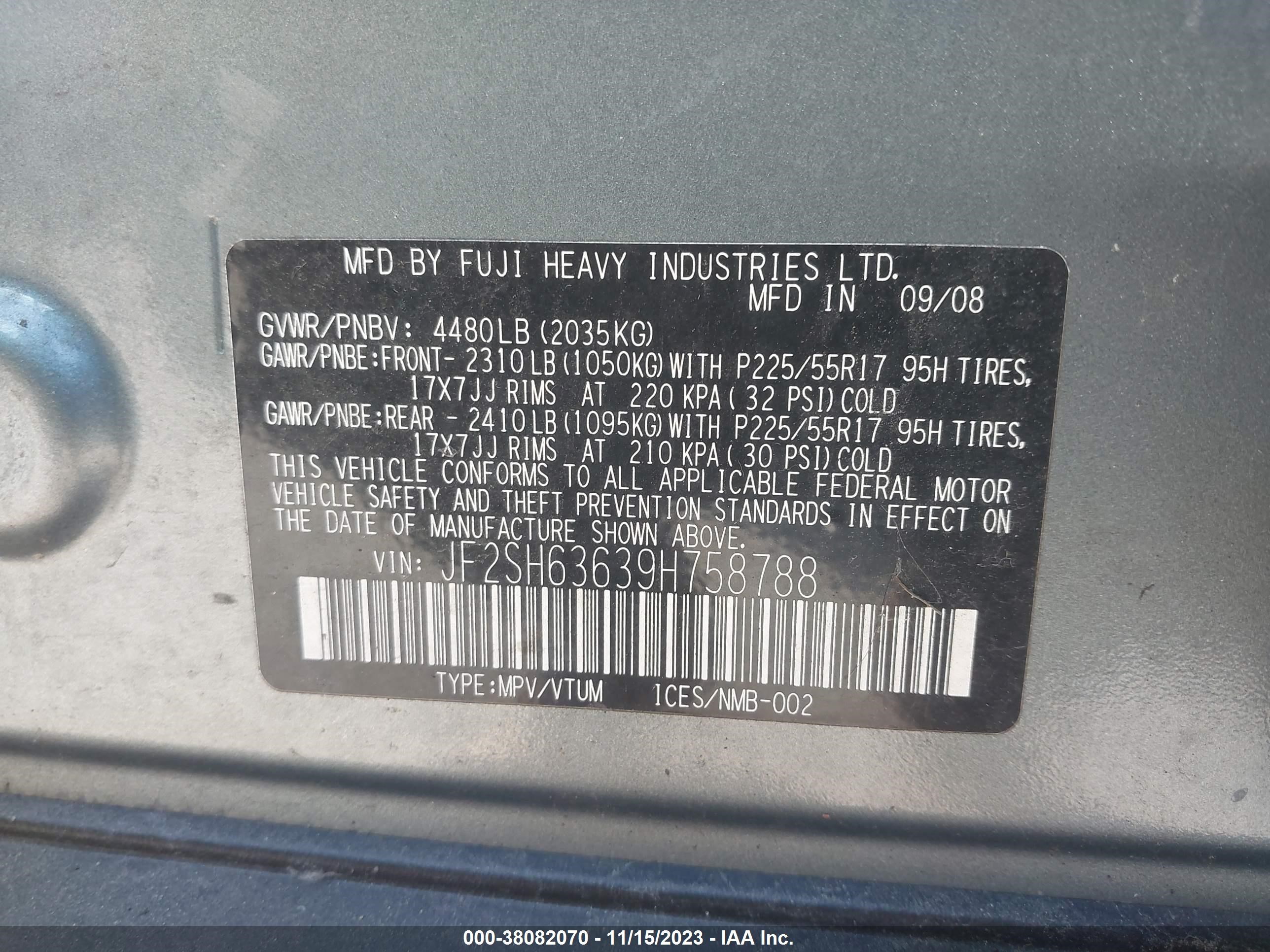 Photo 8 VIN: JF2SH63639H758788 - SUBARU FORESTER 