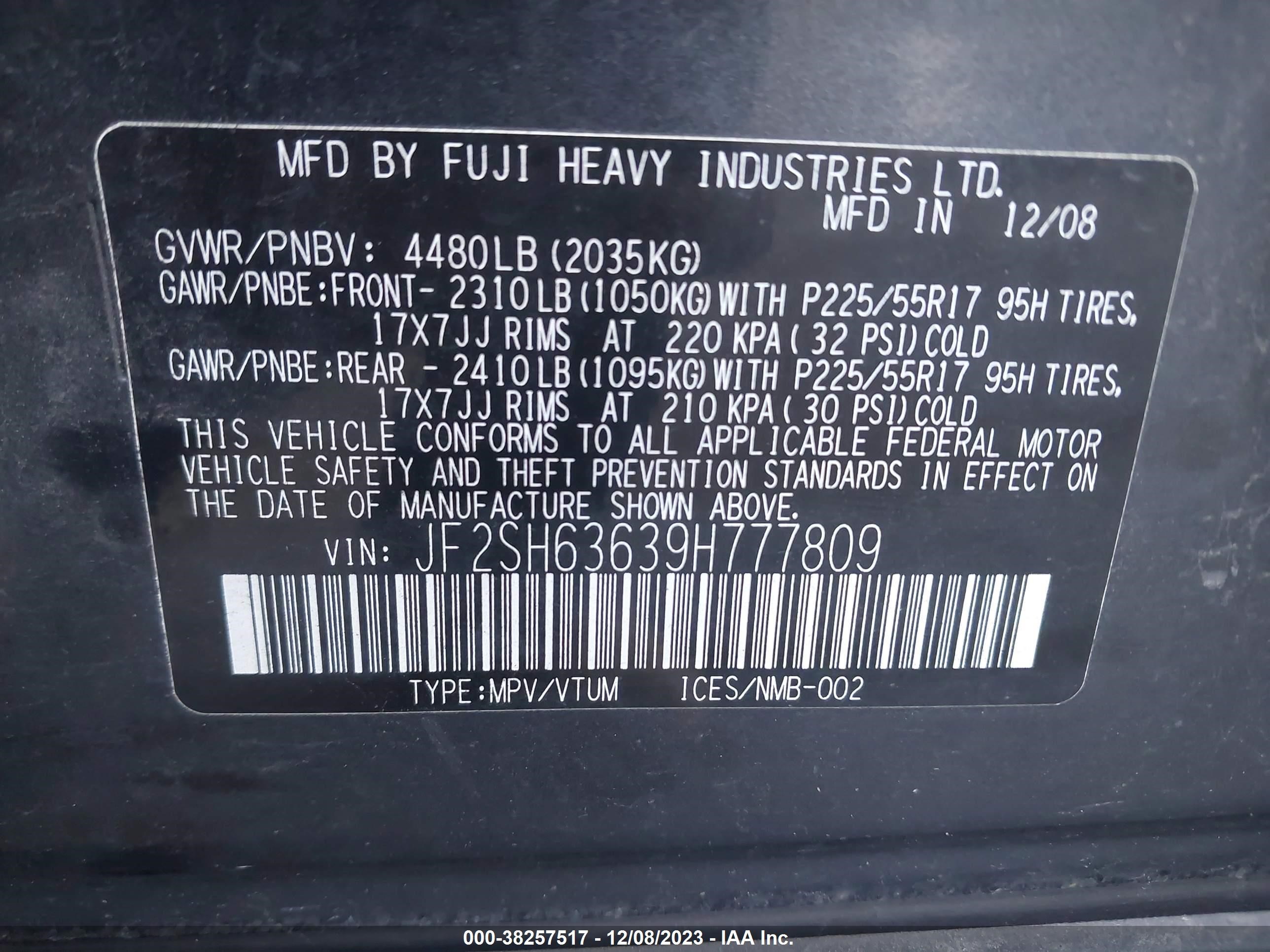 Photo 8 VIN: JF2SH63639H777809 - SUBARU FORESTER 