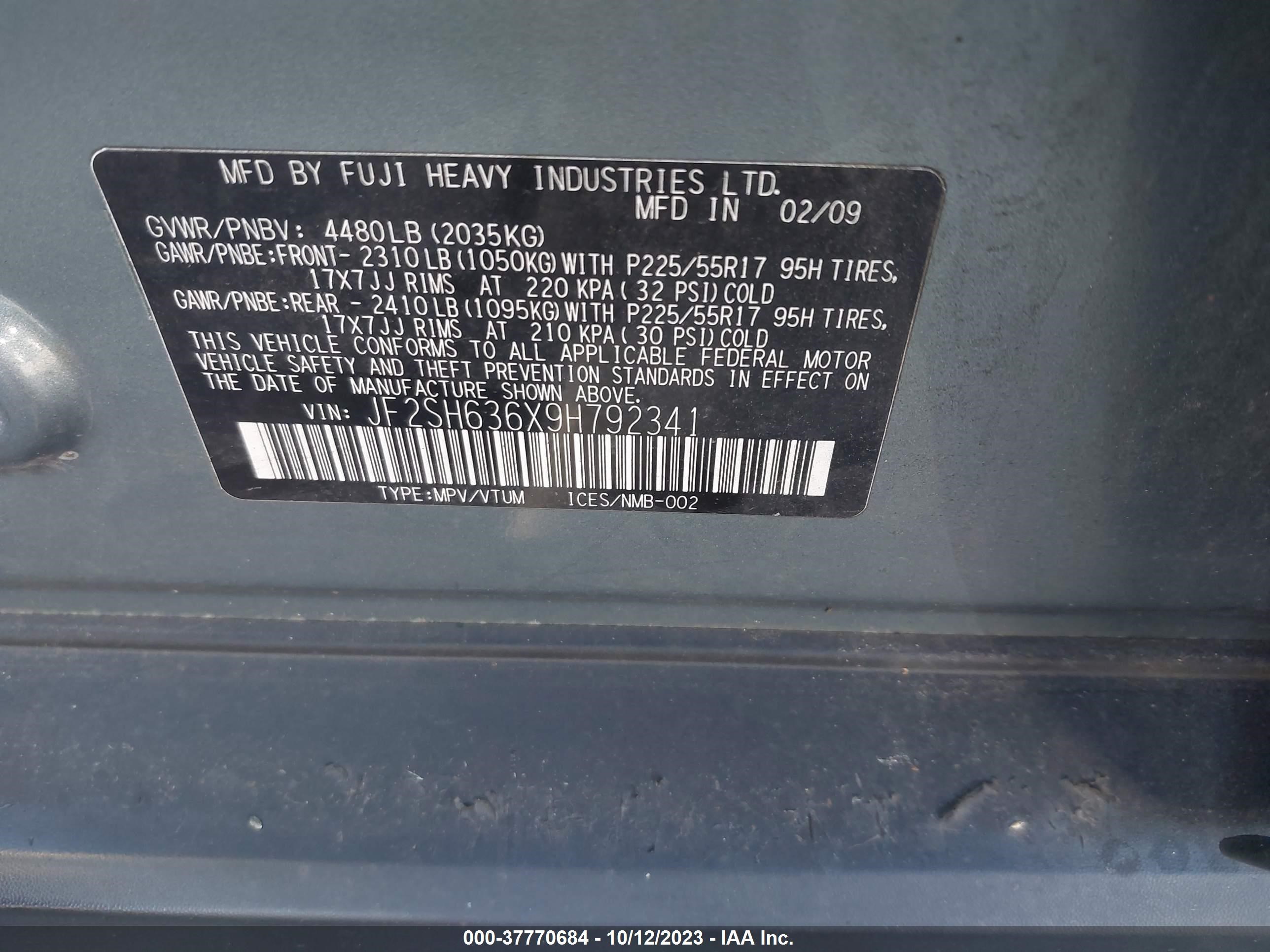 Photo 8 VIN: JF2SH636X9H792341 - SUBARU FORESTER 