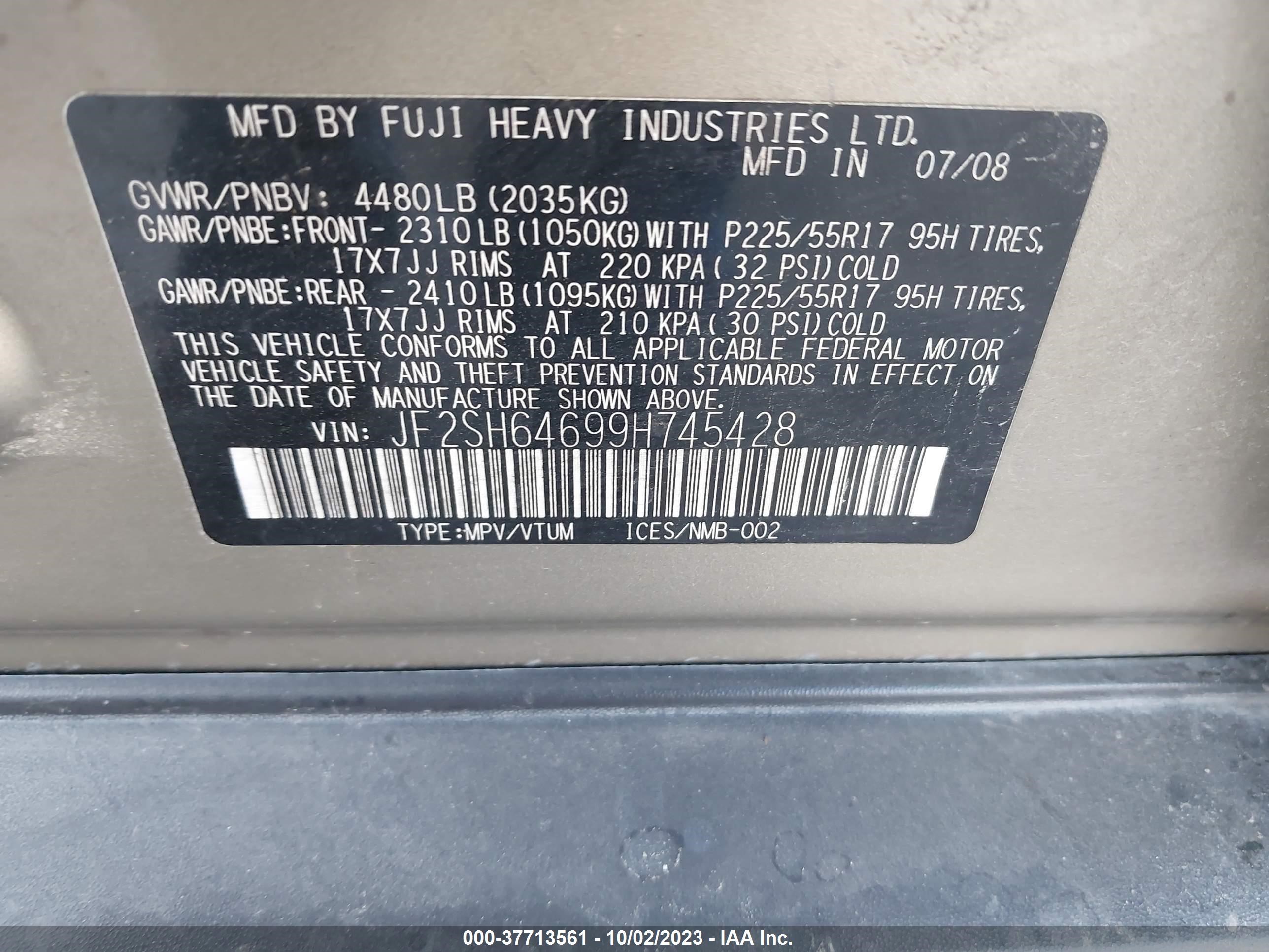 Photo 8 VIN: JF2SH64699H745428 - SUBARU FORESTER 