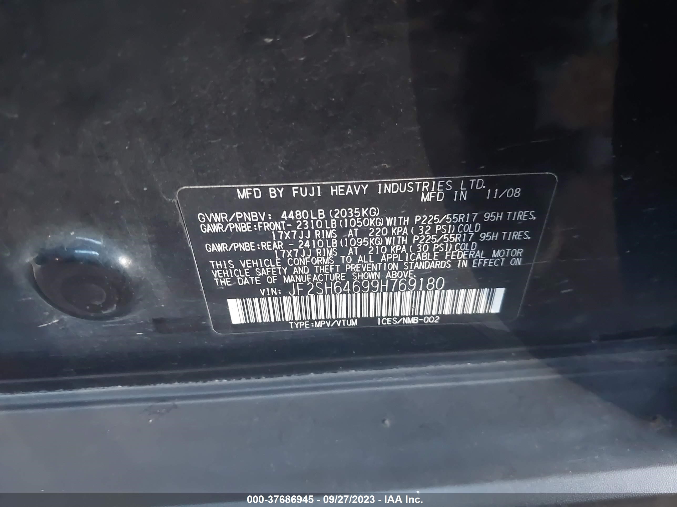 Photo 8 VIN: JF2SH64699H769180 - SUBARU FORESTER 