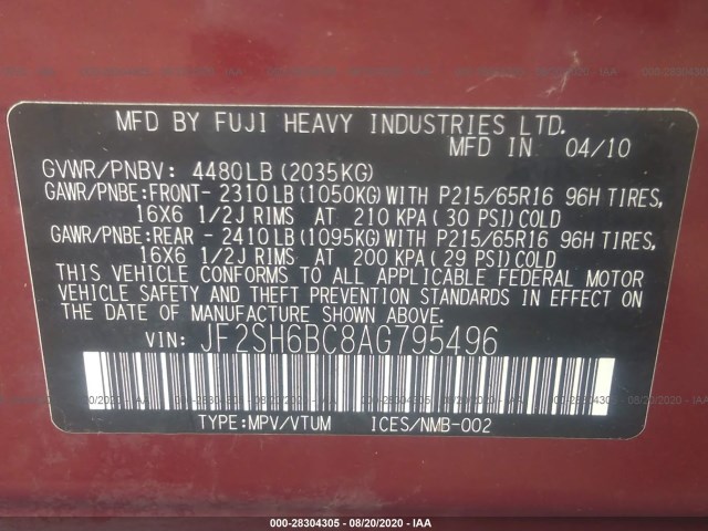 Photo 8 VIN: JF2SH6BC8AG795496 - SUBARU FORESTER 