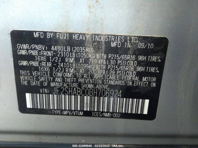 Photo 8 VIN: JF2SHABC0BH706924 - SUBARU FORESTER 