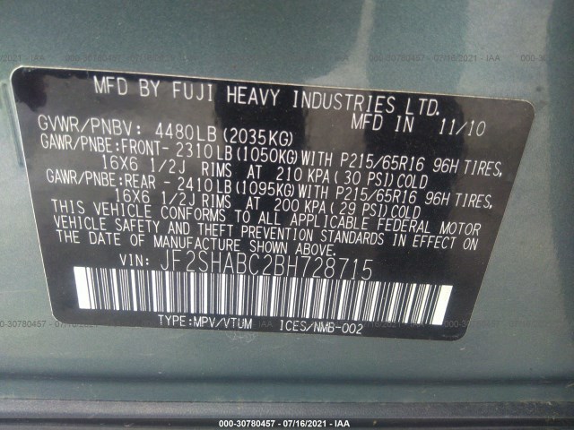 Photo 8 VIN: JF2SHABC2BH728715 - SUBARU FORESTER 