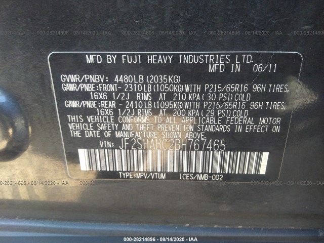 Photo 8 VIN: JF2SHABC2BH767465 - SUBARU FORESTER 