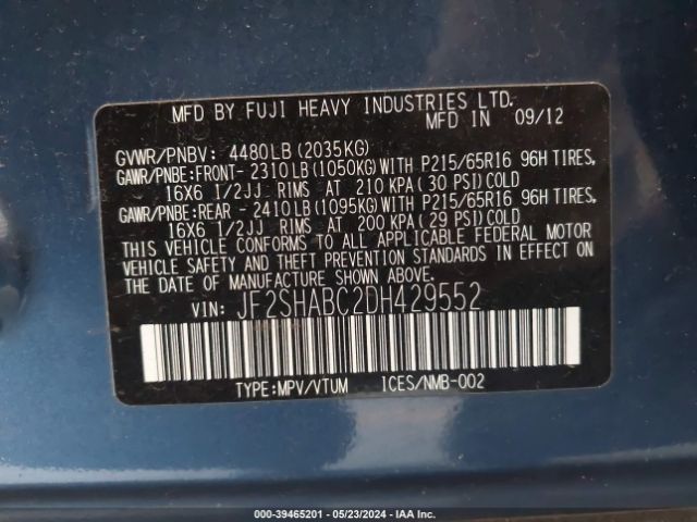 Photo 8 VIN: JF2SHABC2DH429552 - SUBARU FORESTER 