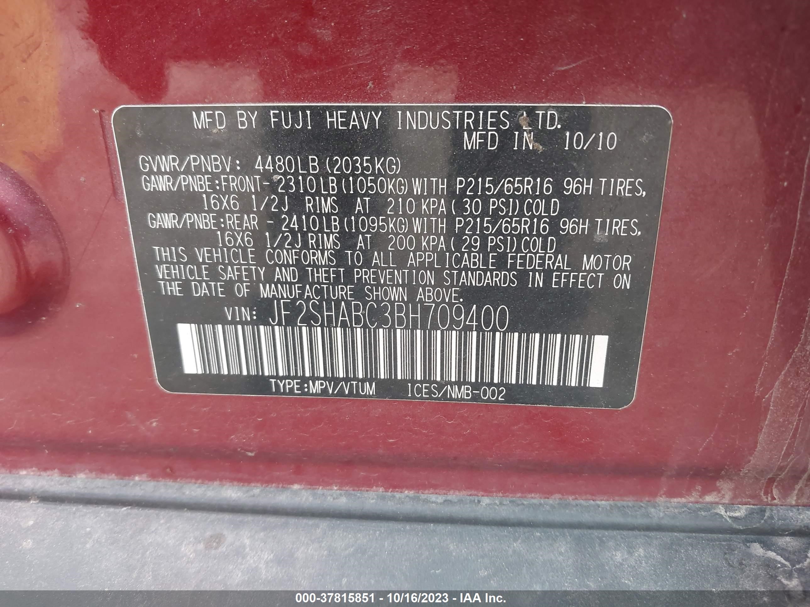 Photo 8 VIN: JF2SHABC3BH709400 - SUBARU FORESTER 