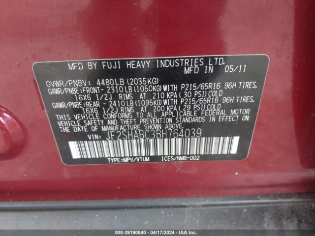 Photo 8 VIN: JF2SHABC3BH764039 - SUBARU FORESTER 