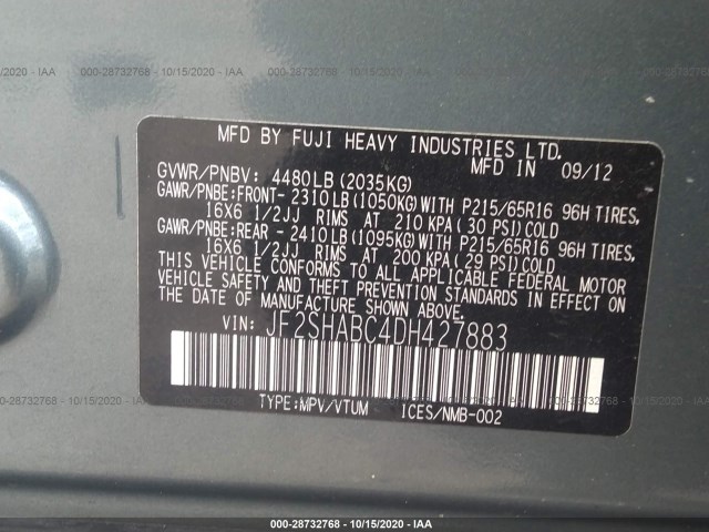 Photo 8 VIN: JF2SHABC4DH427883 - SUBARU FORESTER 