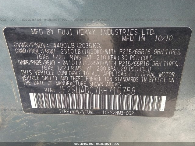 Photo 8 VIN: JF2SHABC7BH710758 - SUBARU FORESTER 