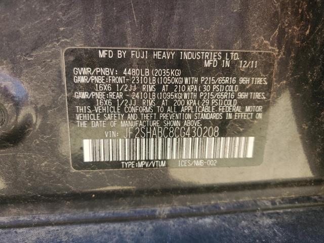 Photo 11 VIN: JF2SHABC8CG430208 - SUBARU FORESTER 