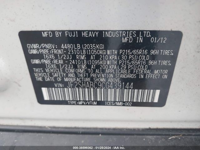 Photo 8 VIN: JF2SHABC9CG439144 - SUBARU FORESTER 