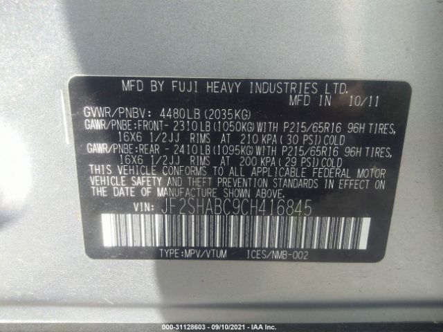 Photo 8 VIN: JF2SHABC9CH416845 - SUBARU FORESTER 