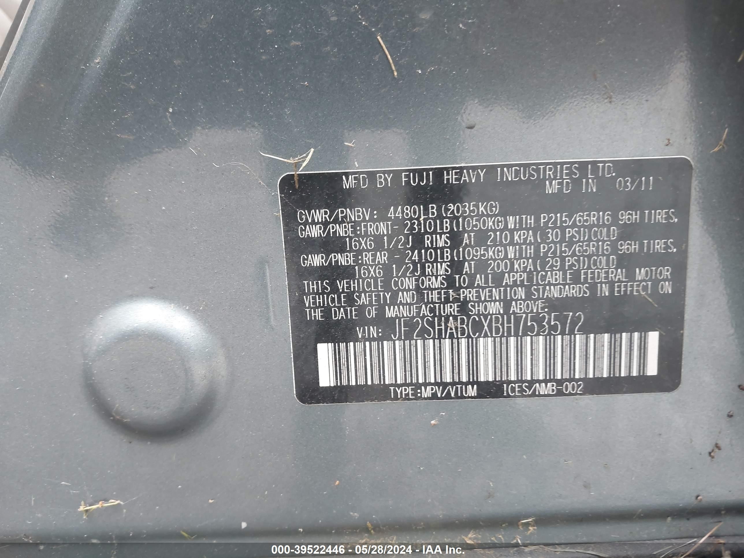 Photo 8 VIN: JF2SHABCXBH753572 - SUBARU FORESTER 