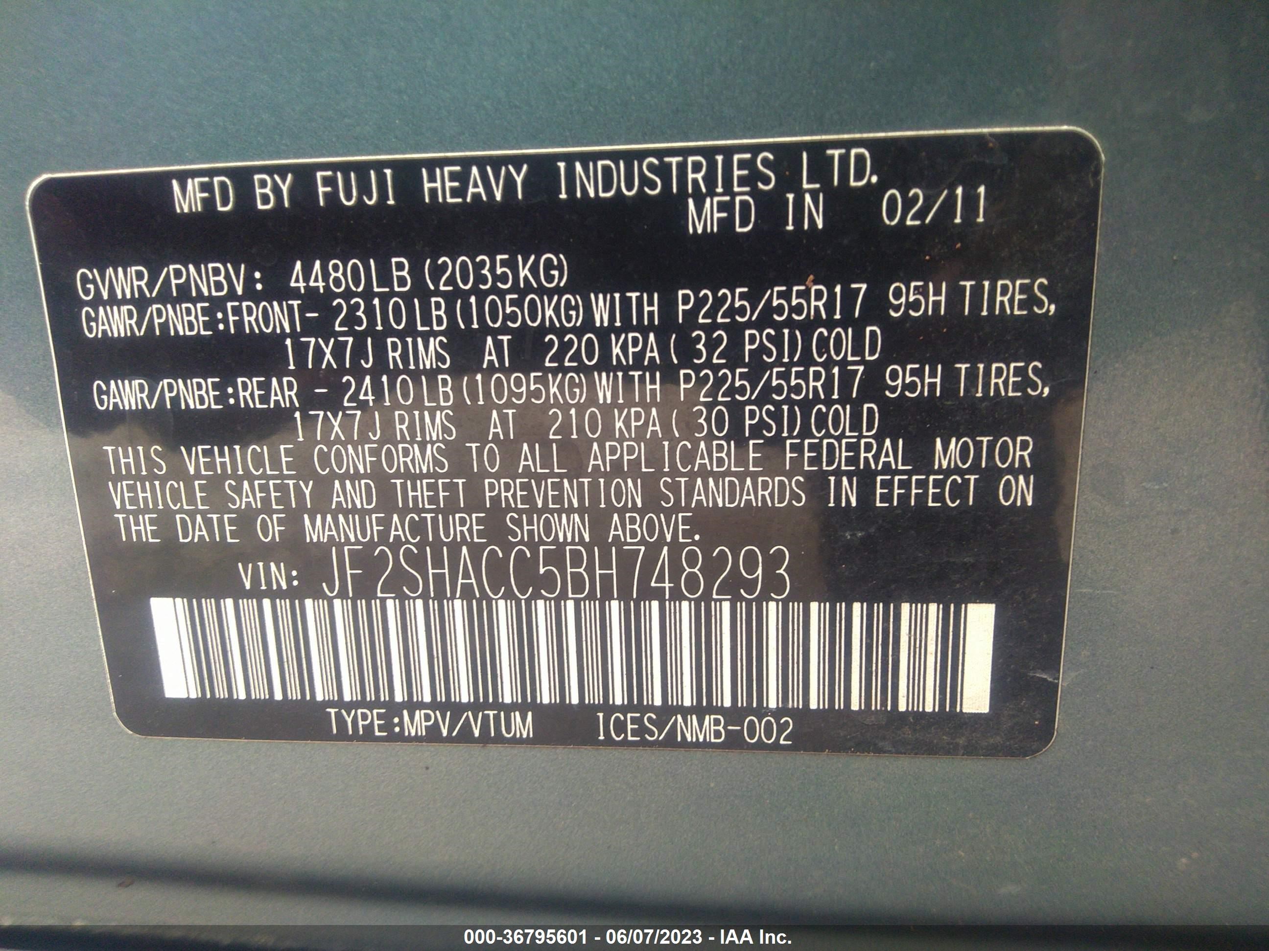 Photo 8 VIN: JF2SHACC5BH748293 - SUBARU FORESTER 