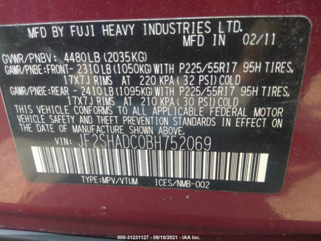 Photo 8 VIN: JF2SHADC0BH752069 - SUBARU FORESTER 