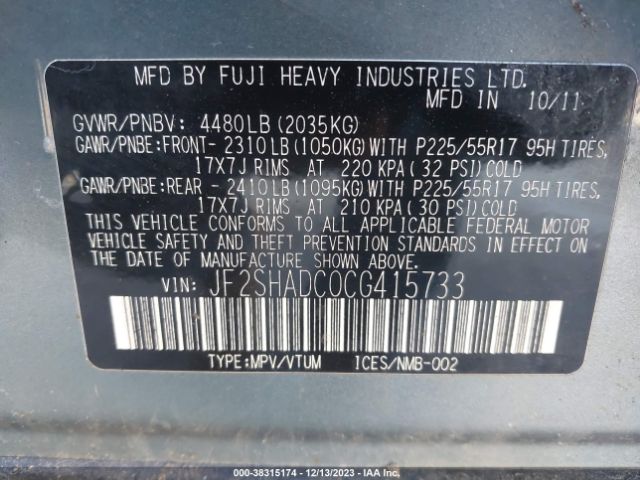 Photo 8 VIN: JF2SHADC0CG415733 - SUBARU FORESTER 