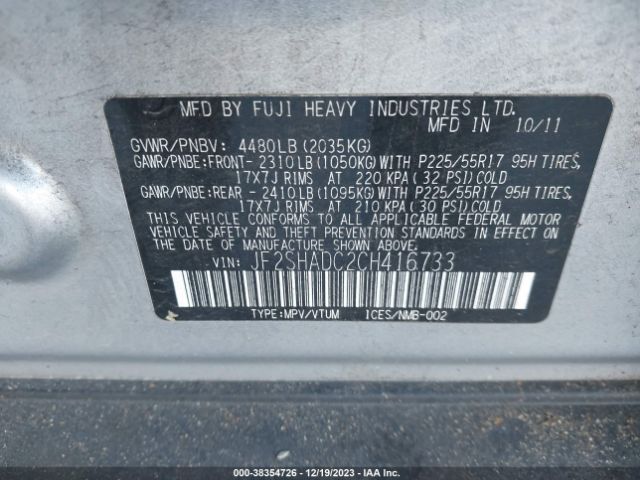 Photo 8 VIN: JF2SHADC2CH416733 - SUBARU FORESTER 