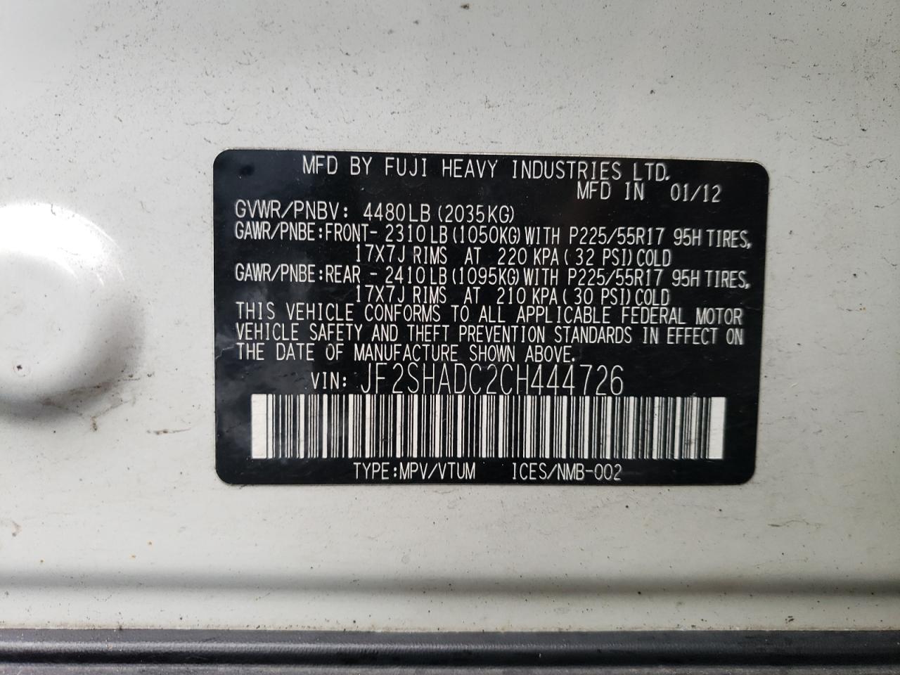 Photo 11 VIN: JF2SHADC2CH444726 - SUBARU FORESTER 