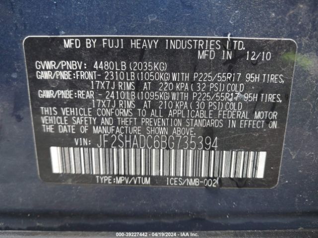 Photo 8 VIN: JF2SHADC6BG735394 - SUBARU FORESTER 