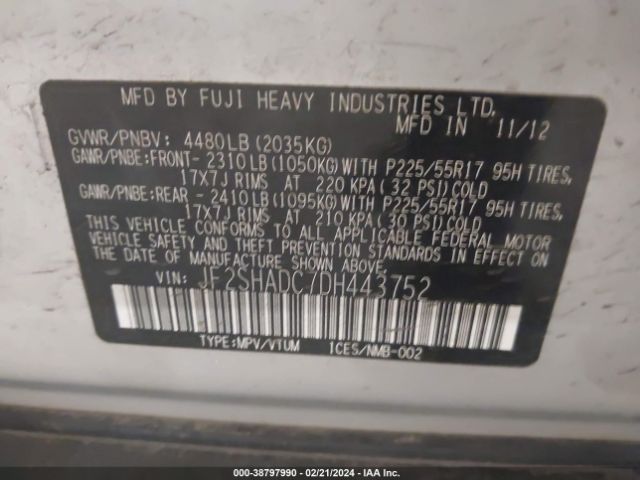 Photo 8 VIN: JF2SHADC7DH443752 - SUBARU FORESTER 