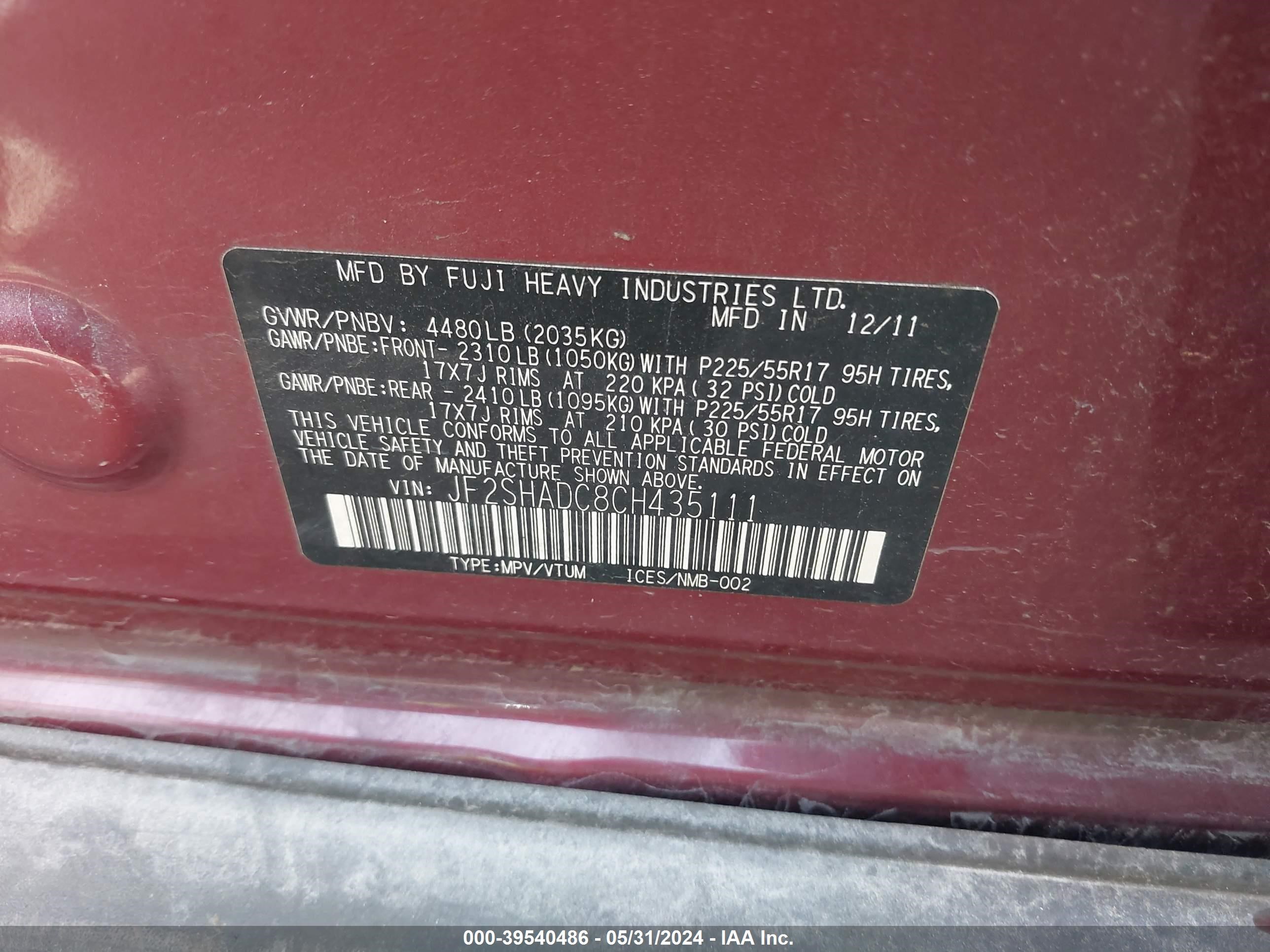 Photo 8 VIN: JF2SHADC8CH435111 - SUBARU FORESTER 