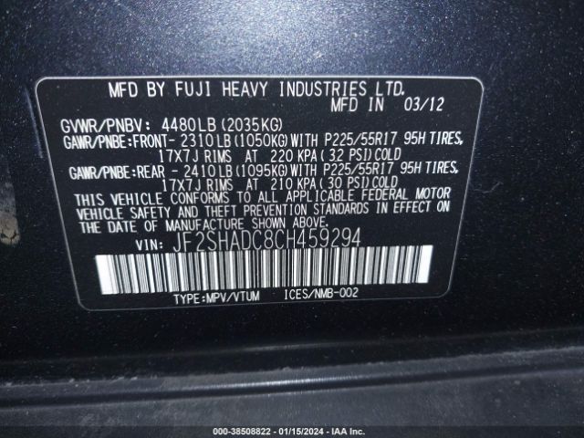 Photo 8 VIN: JF2SHADC8CH459294 - SUBARU FORESTER 