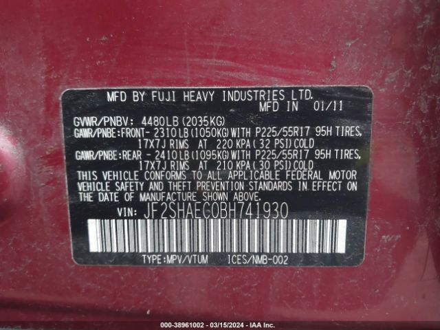 Photo 8 VIN: JF2SHAEC0BH741930 - SUBARU FORESTER 