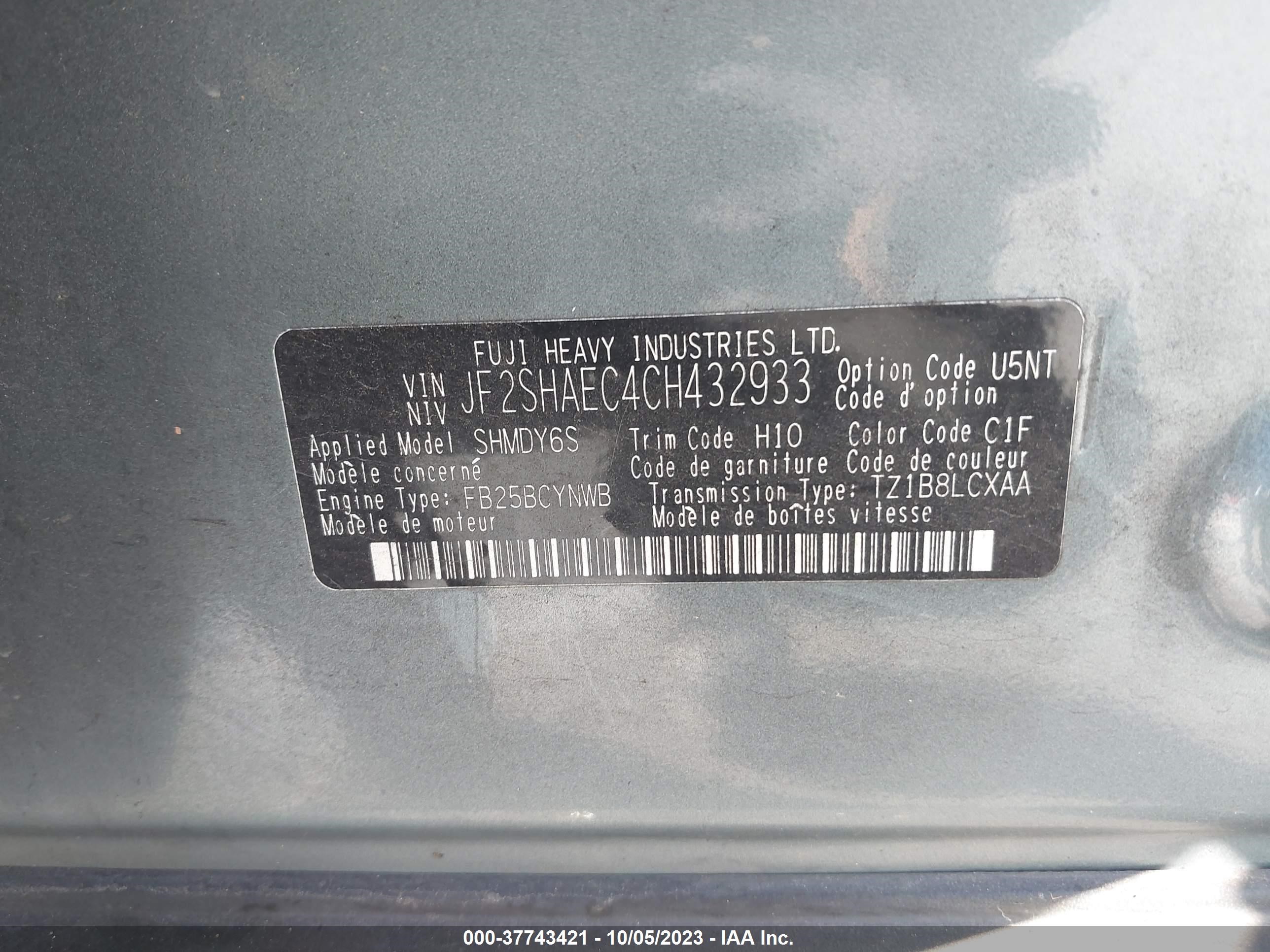 Photo 8 VIN: JF2SHAEC4CH432933 - SUBARU FORESTER 